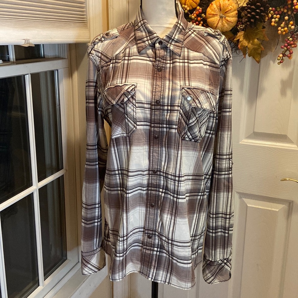 BKE Size L ATHLETIC FIT Snap Front Plaid  Shirt